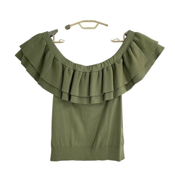 J CREW Olive Off The Shoulder Ruffle Knit Sweater Top Womens Size XS Cottage - Picture 4 of 10